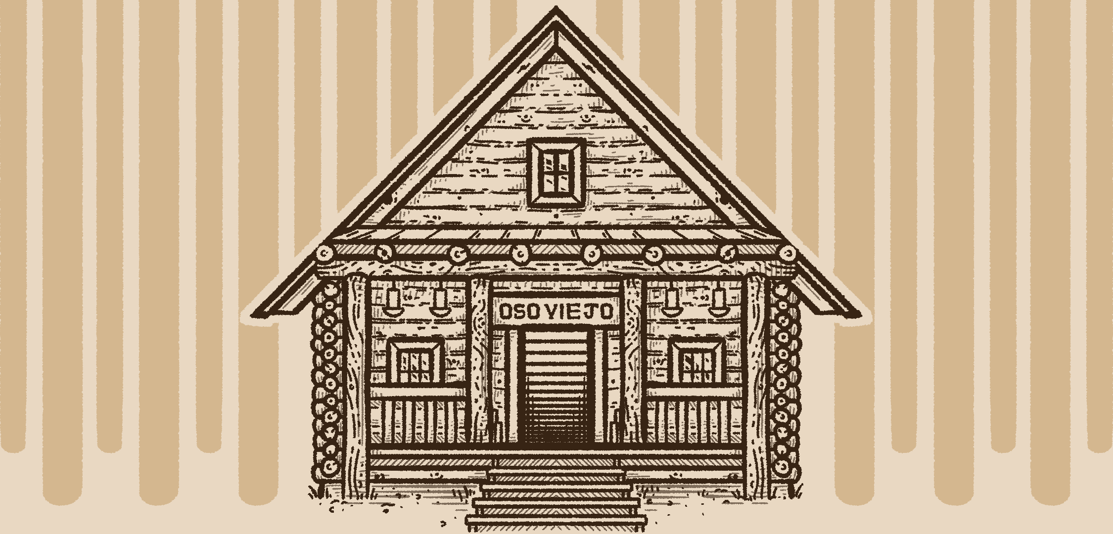A dark brown illustration of a wooden cabin. Behind it are faint impressions of tree trunks looming overhead.